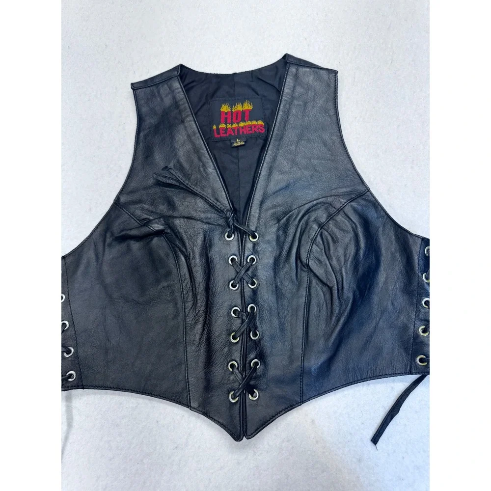 Hot Leathers Womens Black Leather Lace Up Biker Vest Cropped Motorcycle Large